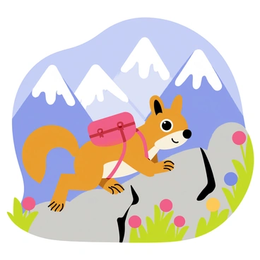 A cartoon-style illustration of a squirrel with fluffy brown fur climbing up a rocky mountain trail. The squirrel is wearing a vibrant red tiny backpack that is secured with small straps. The mountain trail is lined with green grass and colorful wildflowers. In the background, tall mountains covered in patches of snow rise against a bright blue sky filled with fluffy white clouds. The squirrel is determined, with its tiny paws gripping the uneven terrain as it makes its ascent.