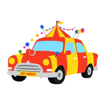 A wedding car transformed into a fun circus-themed vehicle. The car features bright red and yellow stripes covering its exterior. Colorful balloons, in various shapes and sizes, are tied to the door handles and mirrors. A large, plush clown's nose is mounted on the front bumper, while streamers in vibrant colors cascade from the windows. On the roof, a small circus tent replica is perched, complete with a colorful flag waving in the breeze. The license plate reads "JUST MARRIED" in cheerful letters.