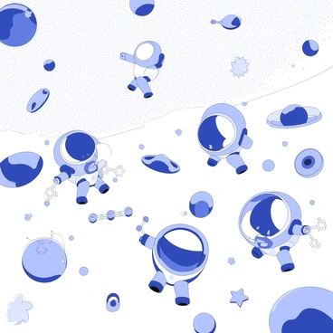 A group of enzymes is depicted as astronauts navigating the intricate landscape of a cellular environment. Each enzyme astronaut is equipped with a specialized suit that reflects its unique function, showcasing tools and gadgets for specific tasks. They are exploring various cellular structures, such as mitochondria, ribosomes, and the cell membrane, which resemble distant galaxies. Each enzyme interacts with its surroundings, demonstrating processes like catalysis and metabolic pathways. In the background, a complex web of molecular interactions and pathways creates an expansive view, highlighting the dynamic nature of cellular functions.