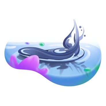 A close-up view of a water surface with "black ink" spreading gently across it. The ink creates "abstract patterns" as it interacts with the water, forming delicate swirls and shapes. Reflections on the water surface enhance the visual complexity, showcasing the movement of the ink. The background remains minimalistic to emphasize the flowing ink and its intricate patterns.