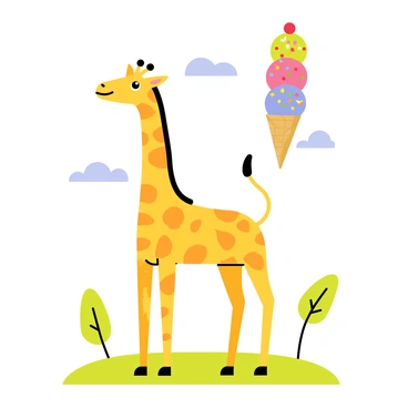 A giraffe standing on a grassy area, with a bright blue sky overhead. The giraffe has an expression of joy as it holds a giant ice cream cone with multiple colorful scoops in its mouth. The ice cream cone is topped with a cherry, and colorful sprinkles are visible on the scoops. Sunlight casts cheerful shadows around the giraffe, highlighting its long neck and distinctive spots. Nearby, a few cartoon-style trees can be seen, adding to the vibrant outdoor setting.