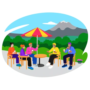 A group of cyclists, dressed in colorful cycling gear, are taking a rest at a café with outdoor seating. The café features a small round table with a striped umbrella providing shade. The cyclists are seated on wooden chairs, some sipping drinks while others chat animatedly. In the background, the majestic Mont Ventoux rises prominently, its rocky summits contrasting against a clear blue sky. Green trees and vibrant flowers line the café area, adding to the charming scene.
