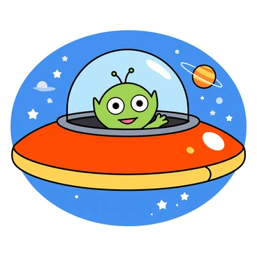 A small, round spaceship with bright colors, featuring a shiny metallic surface and a transparent dome on top. The spaceship is surrounded by twinkling stars and distant planets in the background. A cute alien with big, round eyes and a wide smile is peeking out from the spaceship. The alien has a green body with small antennas on its head and is waving its hand enthusiastically. The scene conveys a playful and cheerful atmosphere in outer space.