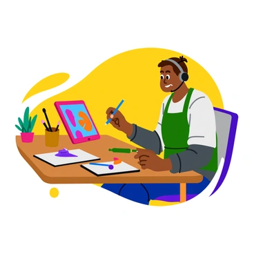 A digital artist sitting at a wooden desk, focused on their colorful tablet screen. The artist is wearing headphones and has a stylus in hand, creating a vibrant illustration filled with bold colors. The workspace is adorned with art supplies, including brushes and sketchbooks, and there is a small potted plant in the corner. The background features a bright wall, enhancing the lively atmosphere of the scene. The tablet displays a vivid image with various shapes and patterns in progress.