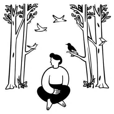 A practitioner sitting cross-legged on the ground, wearing simple clothing and a serene expression. The practitioner has a calm posture and hands resting on their knees, with the palms open. Around the practitioner, multiple birds are flying gracefully in various directions, while others perch on branches. Tall trees with detailed bark and leaves create a lush background, casting intricate shadows on the ground. The scene conveys a sense of tranquility, with the birds and trees harmoniously surrounding the practitioner.