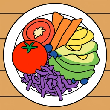 A round white plate is filled with a variety of colorful food arranged in a color wheel pattern. The plate includes a bright red tomato sliced in half, orange carrots cut into thin rounds, yellow bell pepper strips, and green avocado slices. There are also blue blueberries scattered around, along with purple cabbage shredded finely. Each ingredient is carefully placed to highlight its vibrant color, creating a visually appealing display. The background is a simple wooden table surface, allowing the colors of the food to stand out.