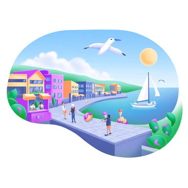A vibrant coastal town with colorful buildings lining the waterfront. The sun shines brightly in a clear blue sky, casting warm light on the scene. Tourists stroll along the cobblestone streets, enjoying ice cream cones. Some sit at outdoor cafés, sipping drinks while overlooking the sparkling blue ocean. Sailboats drift in the harbor, and seagulls glide overhead. Lush greenery and blooming flowers add to the charm of the town, creating a lively and inviting atmosphere.