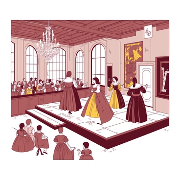 A group of four singers dressed in elaborate Renaissance costumes is performing on a wooden stage in a historic hall. The singers are positioned in a semi-circle, each clad in richly colored garments featuring intricate patterns and embroidery. The hall is adorned with large, arched windows that allow soft light to flood the interior. The walls are decorated with tapestries depicting historical scenes, and there are ornate wooden beams on the ceiling. In the background, a small audience dressed in period attire is seated, captivated by the performance. A grand chandelier hangs above, illuminating the scene with a warm glow.