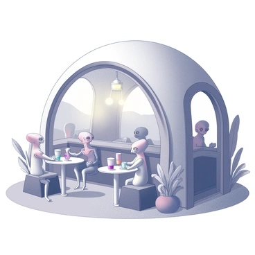 A cozy café situated on a distant planet. The structure has a rounded design with large windows showing an alien landscape outside. Inside, several alien patrons of various forms and sizes are seated at small tables. Some have elongated limbs while others possess unusual features like multiple eyes or vibrant skin textures. The patrons are engaged in conversation, with many holding unique cups filled with colorful beverages. The café is adorned with exotic plants and soft furnishings that create a welcoming atmosphere. Overhead, a softly glowing light fixture adds to the warm ambiance of the space.
