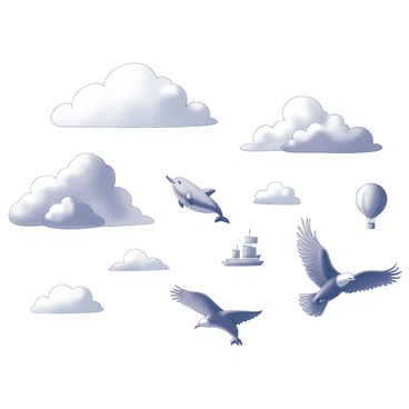 A sky filled with fluffy clouds of different sizes and shapes. The clouds are arranged in such a way that they resemble various animals, including a large elephant, a playful dolphin, and a soaring eagle. There are also abstract shapes that mimic objects, like a balloon and a sailing ship. The clouds appear soft and billowy, creating a whimsical scene against the expanse of the sky.