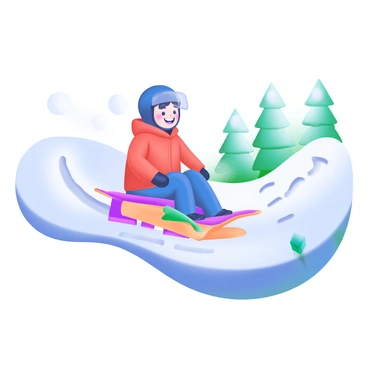 A child wearing a bright red jacket and blue snow pants is sledding down a snowy hill on a colorful sled. The child is smiling, with a joyful expression, as snow sprays up around them. In the background, there is a group of trees lightly dusted with snow, and the slope of the hill is steep, indicating a thrilling ride. Near the sled, small marks in the snow illustrate where the sled has traveled, showing the effects of friction with the snowy surface. The sky is a soft pastel blue, enhancing the winter scene.