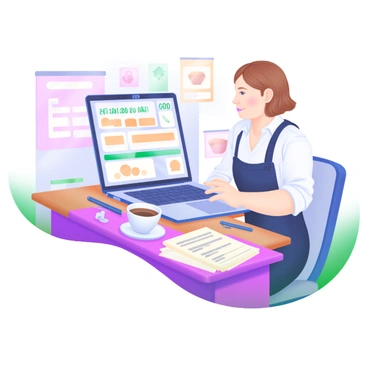 A modern pastel illustration showing a restaurant manager sitting at a wooden desk, focused on a laptop screen displaying various guest feedback ratings. The manager is a middle-aged person with short brown hair, wearing a white shirt and a black apron. Surrounding the desk are several documents with notes and a coffee cup. In the background, there are soft pastel-colored walls adorned with framed food photography. A notepad and pen are positioned next to the laptop, suggesting a plan for service improvement.