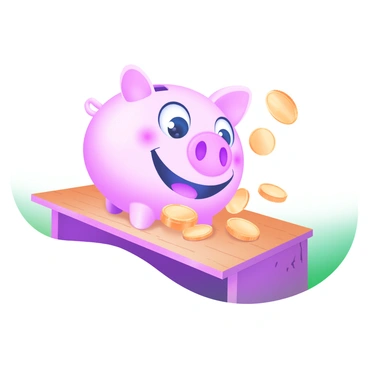 A smiling piggy bank sitting on a wooden shelf, with its wide, cheerful eyes and a big smile. The piggy bank is overflowing with shiny coins, some spilling over the edges. The wooden shelf has a warm, rich texture, with a few small scratches and knots visible. Soft light illuminates the scene, highlighting the sparkle of the coins and the smooth surface of the piggy bank.