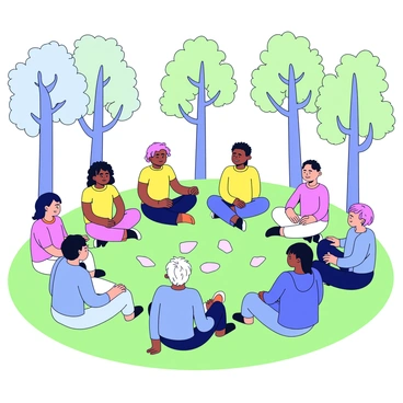 A group of people sitting quietly in a circle on a patch of soft green grass in a forest. Each person is in a cross-legged position, wearing comfortable clothing. The trees surrounding them are tall and leafy, with dappled sunlight filtering through the branches, casting gentle shadows on the ground. Some individuals have their eyes closed, while others gaze softly at the ground. There are a few small stones arranged neatly in the center of the circle, adding to the peaceful atmosphere.