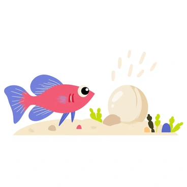 A vibrant betta fish with flowing fins in shades of blue and red is curiously gazing at a shimmering pearl nestled in the fine sand. The fish's eyes are wide and expressive, showcasing its interest in the pearl. The sand is light beige, contrasting with the colorful fish. Small pebbles and bits of vegetation surround the pearl, adding texture to the underwater scene. Light rays pierce through the water, creating a sparkling effect on the pearl's surface.