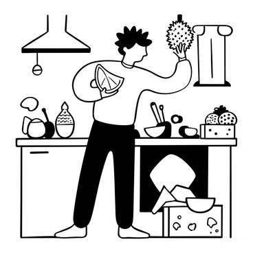 A cartoon character with spiky hair standing in a kitchen, holding a durian in one hand and making an exaggerated gesture with the other hand. The character's body is leaning back slightly as if recoiling from the taste. There are pieces of the durian around the character, and a box of fruit sits on the table nearby. Various kitchen utensils and a bowl with other tropical fruits are visible in the background.