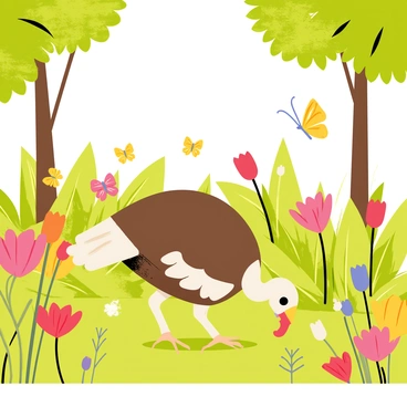 A turkey with a brown and white feathered plumage is walking through a lush garden filled with a variety of blossoming flowers. The garden features vibrant colors, with red, yellow, and pink flowers scattered throughout. Green grass surrounds the turkey, and butterflies with colorful wings flutter nearby. Sunlight filters through the leaves of tall trees, creating dappled light on the ground. The turkey curiously pecks at the ground, surrounded by the beauty of spring.