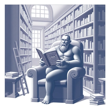 A titan seated on an immense wooden chair, surrounded by towering shelves filled with countless books. The titan has a rugged appearance, with intricate details on the skin and a thoughtful expression. In their hands, they hold a massive book that appears ornate and heavy, filled with detailed illustrations and whimsical text. The library is vast, with a high ceiling adorned with intricate carvings and large windows letting in light. Some books are scattered around on nearby tables, and a ladder leans against one of the shelves, hinting at the vast collection of knowledge present.