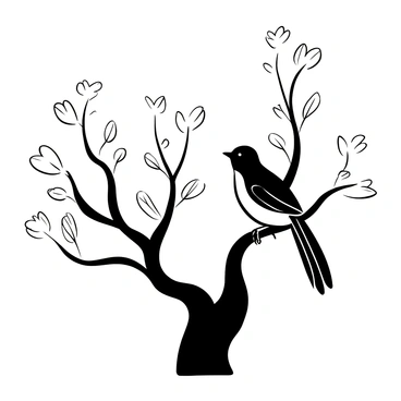 A single bird positioned on a tree branch, with its wings slightly folded against its body. The branch is gnarled and textured, adorned with leaves that provide a sense of detail. The bird has a sleek, defined shape and is surrounded by fine lines indicating the delicate structure of the branch and leaves. The background is filled with faint outlines of additional branches and leaves, creating a sense of depth and tranquility. The words "Hope" and "Watchfulness" are elegantly integrated into the scene, near the bird.