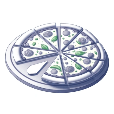 A round pizza, with a thick crust and a golden-brown edge, is sliced into equal circular pieces. Each slice is adorned with various toppings, presenting an array of ingredients like fresh vegetables, meats, and herbs. The toppings create a vibrant display, with the cheese melted and slightly bubbling on top. The pizza is placed on a wooden cutting board, and a pizza cutter rests nearby, ready for serving.