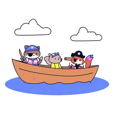 A tiny boat made of wood floats on water, its sides slightly weathered. Inside the boat, various animals dressed as pirates are gathered. A raccoon wears a striped shirt and a pirate hat, holding a small wooden sword. A fluffy parrot sits perched on the edge, adorned with a tiny eye patch and a colorful bandana. A mischievous squirrel is at the helm, wearing a captain's hat and looking through a small telescope. The water is calm, reflecting the blue sky above, while a few fluffy clouds drift by.