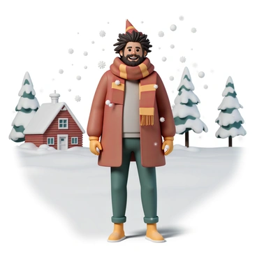 A large man with wild hair and a thick beard, wearing a red and gold Gryffindor scarf and matching hat, stands in a snowy landscape. Snowflakes are falling around him, landing on his shoulders and the brim of his hat. His face shows a broad smile, reflecting pride. In the background, snow-covered trees and a small brick house can be seen, completing the winter scene. The ground is blanketed with a thick layer of snow, creating a tranquil atmosphere.