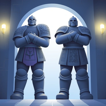 Two large statues of formidable guardians are standing at the entrance of a dimly lit chamber. The statues are intricately carved from dark stone, each resembling a warrior with fierce expressions. They are adorned with ornate armor, featuring detailed engravings of mythical creatures and swirling patterns. The guardians have their arms crossed over their chests, showcasing their powerful build. A soft glow emanates from sconces mounted on the walls, casting shadows that dance around their imposing figures. The stone floor beneath them is polished and reflects the faint light, adding to the solemn atmosphere of the chamber.