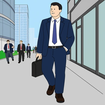 A person with light skin and short black hair, wearing a tailored navy blue suit and a crisp white dress shirt. The individual is carrying a sleek black briefcase in their right hand while striding confidently on a paved sidewalk. Their posture is upright and assertive, conveying a sense of purpose. The background features a modern cityscape with tall glass buildings and a clear blue sky. On the sidewalk, a few people can be seen in the distance, also in business attire, adding to the bustling atmosphere of a busy morning.