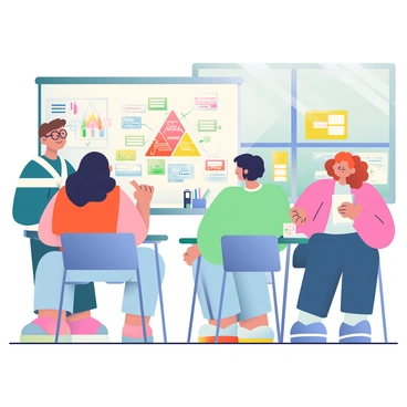 A high school science classroom is filled with desks and students engaged in their work. In the foreground, a group of three students is standing in front of a large whiteboard. One student, with short brown hair and glasses, is drawing the "fire triangle," illustrating the three elements: "heat," "fuel," and "oxygen." The whiteboard is filled with colorful diagrams and notes related to fire safety. Another student, with long black hair, is pointing at the triangle while the third student, with curly red hair, is taking notes in a notebook. The classroom has scientific posters on the walls and a window showing a sunny day outside.