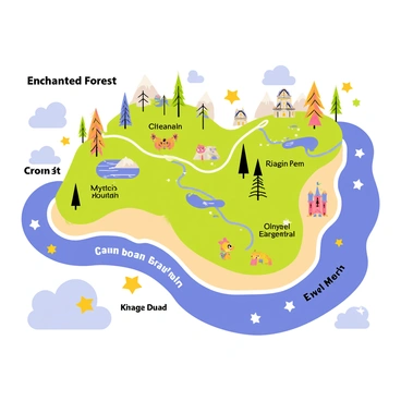A detailed map of a fantasy world featuring vibrant colors and whimsical shapes. The map includes various regions such as "Enchanted Forest" with tall, colorful trees and sparkling streams. There is a "Mystic Mountain" depicted with snow-capped peaks and a winding path. "Crystal Cove" is illustrated along the coastline, with bright blue waters and shimmering sands. Each region has playful icons, such as a dragon in the "Dragon's Den" and a castle in "Kingdom Heights." The borders of the map are adorned with decorative elements like clouds and stars, enhancing the adventurous theme suitable for a children's book.