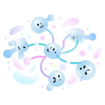 Cartoon-style animated synapses with smiling neurotransmitters