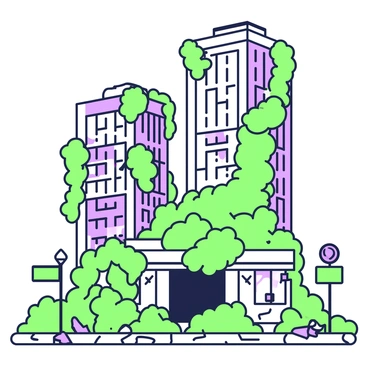 An overgrown cityscape features tall skyscrapers that are partially obscured by thick vines. The buildings have cracked glass windows and weathered exteriors. In the foreground, there are scattered remnants of urban life, such as rusted street signs and broken pavement. Lush greenery bursts through the cracks in the concrete, creating a contrast with the urban architecture. Some vines hang from ledges, while others climb up the sides of the skyscrapers, enveloping them in nature's grip. The entire scene suggests a once-bustling metropolis now reclaimed by the natural world.