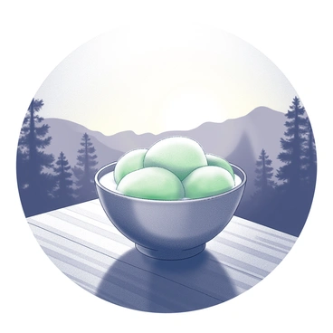 A cendol bowl sitting on a wooden table. The bowl is filled with green rice flour jelly, palm sugar syrup, and coconut milk. The table has a textured surface, complementing the delicate details of the bowl. In the background, there are silhouettes of trees and distant hills outlined against a sunset sky, with soft transitions of light. Soft shadows are cast on the table surface from the bowl, enhancing the composition.