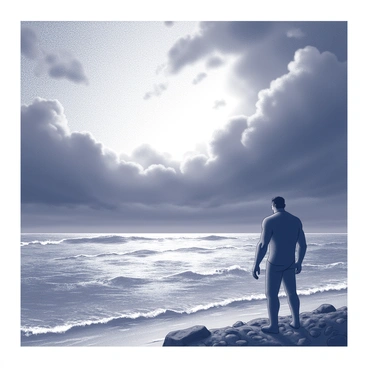 A stormy lake under a turbulent sky, with dark, ominous clouds swirling above. The surface of the water is rough, showing small waves crashing against the rocky shore. In the foreground, the silhouette of Frankenstein stands on the shore, contrasting sharply against the backdrop. He has a broad frame and distinctive hair, with his arms slightly extended as he gazes out over the lake. The scene captures a sense of drama and intensity, highlighting the clash between nature and the figure.