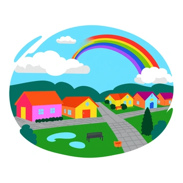 A bright rainbow with vibrant colors arching across the sky. Below the rainbow, a charming townscape features a variety of houses with colorful facades and neatly trimmed lawns. The scene reflects the aftermath of a rainstorm, with glistening droplets on the rooftops and a few puddles on the cobblestone streets. A clear blue sky peeks through the clouds, enhancing the brightness of the rainbow. In the foreground, a small park with greenery and a bench completes the picturesque view.