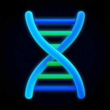 A close-up of a DNA double helix structure in vibrant colors, with bright blue and green strands intertwined. The double helix glows against a dark background, highlighting the intricate details of the molecular structure. The image captures the distinct base pairs connecting the strands, showcasing the complexity and beauty of the DNA.