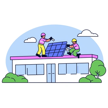 A community center with a flat rooftop is depicted. On the roof, two workers in safety gear are installing solar panels. One worker is holding a solar panel in place, while the other secures it with tools. The background shows clear blue skies and a few fluffy clouds. The building has large windows and is surrounded by greenery, including a few trees and shrubs nearby.
