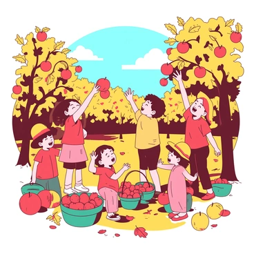 A group of children is joyfully picking apples in a vibrant orchard during a sunny autumn afternoon. The sky above is clear and bright, casting warm light across the scene. The children are wearing colorful clothing, with some in red shirts and others in yellow hats. They are reaching up to grab ripe, red apples from the branches of apple trees, while others are gathering the apples they have already collected in small teal baskets. The ground is covered with fallen leaves in various shades, creating a picturesque autumn landscape. Some children are laughing and sharing their finds, while others are focused on carefully selecting the best apples.