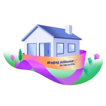 A house prominently displayed with a large, vibrant "Bajaj Allianz Life Insurance" ribbon elegantly wrapped around it. The house is a modern structure with a sloping roof, large windows, and a welcoming front door. Surrounding the house are well-maintained gardens featuring colorful flowers and lush green grass. The ribbon is bold and bright, contrasting against the neutral tones of the house, and it elegantly flows down to the ground, creating a sense of security and protection.