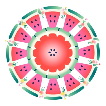 A large mandala design is composed of repeating patterns of watermelon slices. Each slice is depicted with vibrant pink flesh, green rind, and small black seeds. The slices are arranged in a circular formation, radiating from the center outward. The intricate design features layers of watermelon slices alternating in size and orientation, creating a harmonious and balanced appearance. Surrounding the mandala are decorative elements that enhance the theme, such as small green leaves and delicate floral motifs interspersed throughout the design. The overall color palette is bright and inviting, emphasizing the freshness of the watermelon.