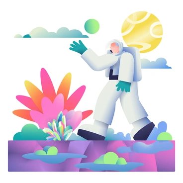 An astronaut wearing a white space suit with a reflective visor is standing on the surface of a colorful alien planet. The terrain is covered in bright purple and blue rocks with patches of glowing green vegetation. In the background, there are large, bioluminescent plants with pink and orange leaves, casting a soft glow. The sky is filled with swirling clouds of neon colors, and two moons are visible, one large and yellow, the other smaller and teal. The astronaut is reaching out toward a cluster of iridescent crystals protruding from the ground.