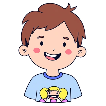 A child with short brown hair is smiling widely, showcasing a gap between their front teeth. They have bright blue eyes that sparkle with joy. The child is wearing a colorful t-shirt featuring a cartoon character. Their cheeks are slightly flushed, adding to their cheerful expression. The background is simple, emphasizing the child's happy demeanor.