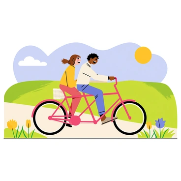 Two friends, a girl with long brown hair and a boy with short curly hair, are laughing joyfully as they ride a tandem bicycle together. The bicycle is bright red with a shiny finish, and it has a white wicker basket attached at the front. They are cruising down a rural path surrounded by lush green fields. Flowers in various colors, including yellow and purple, line the sides of the path. The sun is shining brightly, casting a warm glow on the scene, and a few fluffy white clouds dot the blue sky above.