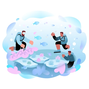 A vibrant underwater scene depicts a coral nursery with various types of corals nestled on the ocean floor. Marine conservationists are actively tending to the corals, wearing scuba gear and holding tools for maintenance. Bubbles rise around them as they carefully position young coral fragments on the nursery structure. The surrounding water is filled with schools of colorful fish swimming among the corals. Rays of sunlight filter down through the water, creating a serene atmosphere above the coral garden.