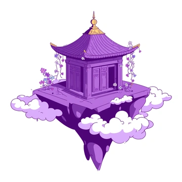 A purple ancient temple with intricate carvings is perched on a platform floating above a sea of white clouds. The temple's roof is adorned with golden accents, reflecting sunlight. Around the temple, there are delicate vines and colorful flowers hanging down from the edges. Soft wisps of white cloud billow gently below, creating a dreamy atmosphere. A gentle breeze seems to sway the flowers, giving life to the scene.