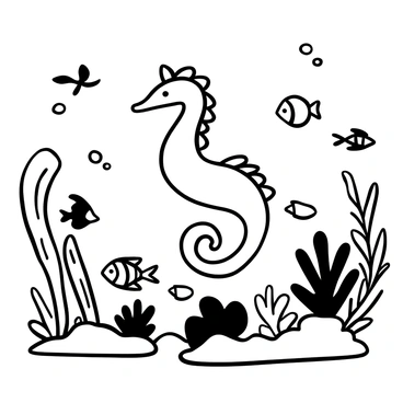 A "seahorse" gently floating in a sea setting surrounded by various "tropical fish" swimming nearby. There are multiple types of "bright coral" in different shapes and sizes in the background, providing a vibrant underwater environment. The scene captures the serene underwater movement of the seahorse and fish amidst the intricate coral formations.