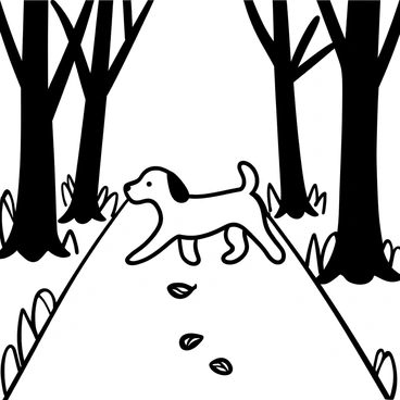 A sad dog walking alone on a leaf-covered path in a forest