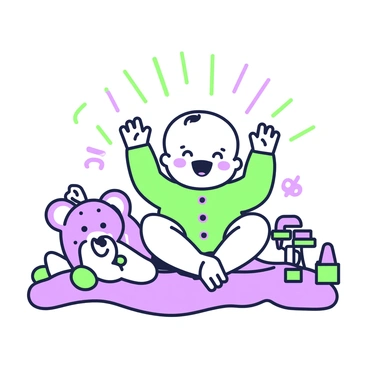 A baby is sitting on a soft surface, giggling joyfully. The baby has chubby cheeks and bright eyes that convey a playful sparkle. Their tiny hands are raised in the air as if reaching for something. The background is filled with colorful toys scattered around, including a plush teddy bear and building blocks. Sunlight filters in, softly illuminating the baby’s face, enhancing the joyful expression.