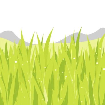 A field of green rice plants with long, slender stems swaying gently in the wind. The rice plants are covered in droplets of water, glistening as a gentle rain shower falls from a light gray sky. Soft ripples of movement can be seen across the field, creating a sense of tranquility. The background contains blurred shapes of distant hills, adding depth to the scene.