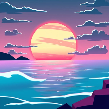 A breathtaking sunset scene featuring a "giant fireball sun" with vibrant shades of orange, red, and yellow, sinking into the "ocean." The sky is filled with dynamic clouds reflecting the sun's glowing colors, creating a dramatic atmosphere. In the foreground, gentle waves shimmer with the sun's light, while silhouettes of distant islands can be seen on the horizon. The overall composition captures the intense colors and tranquil beauty of the sinking sun over the water.